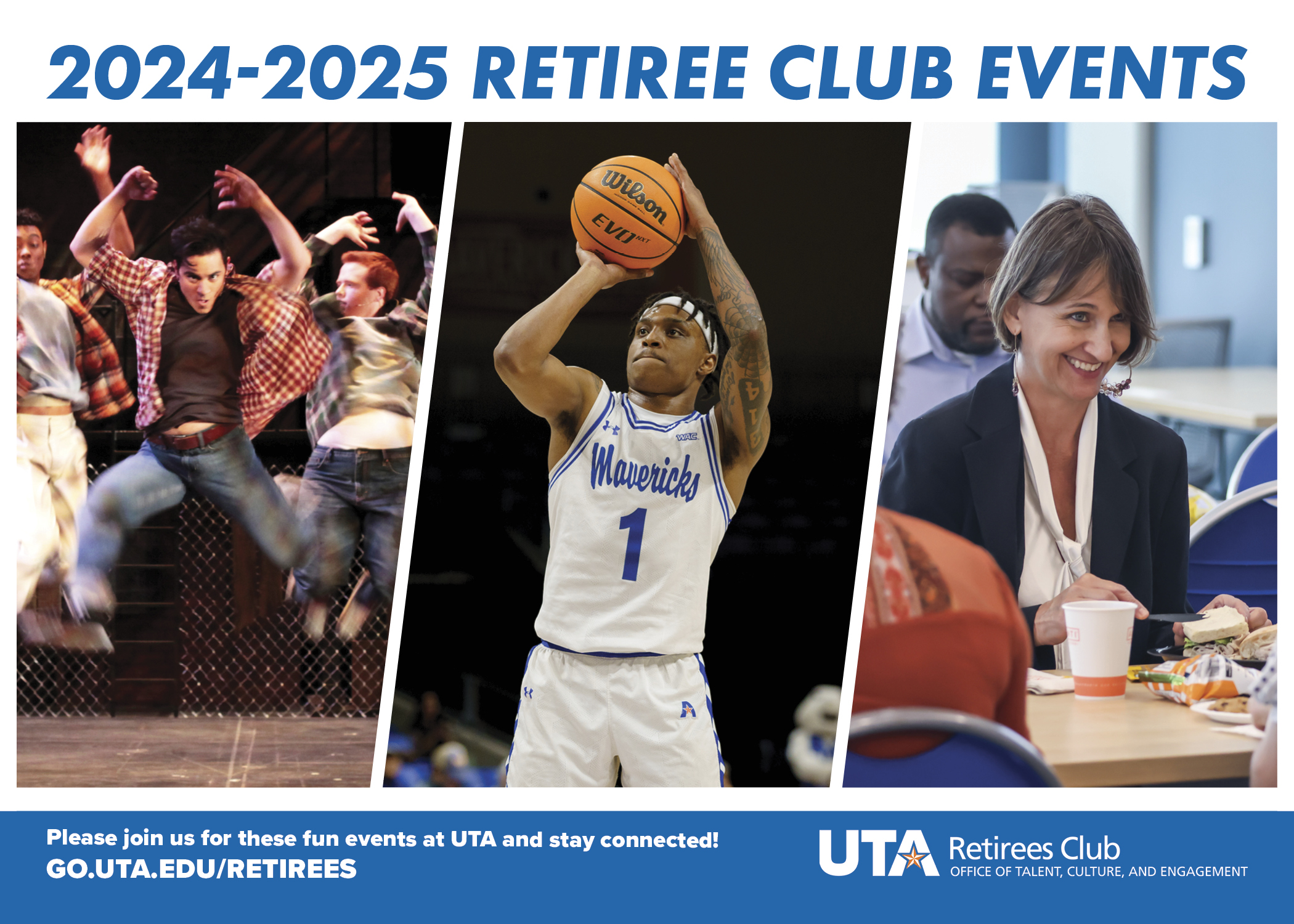 2024-2025 retiree club events flyer with 3 images of various people competing in sports